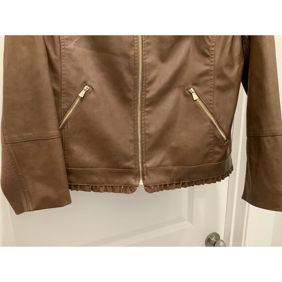 Chicos Jacket Small (1) Brown Vegan Faux Leather Sleeves Ruffle Trim Zip Lined - Picture 4 of 12
